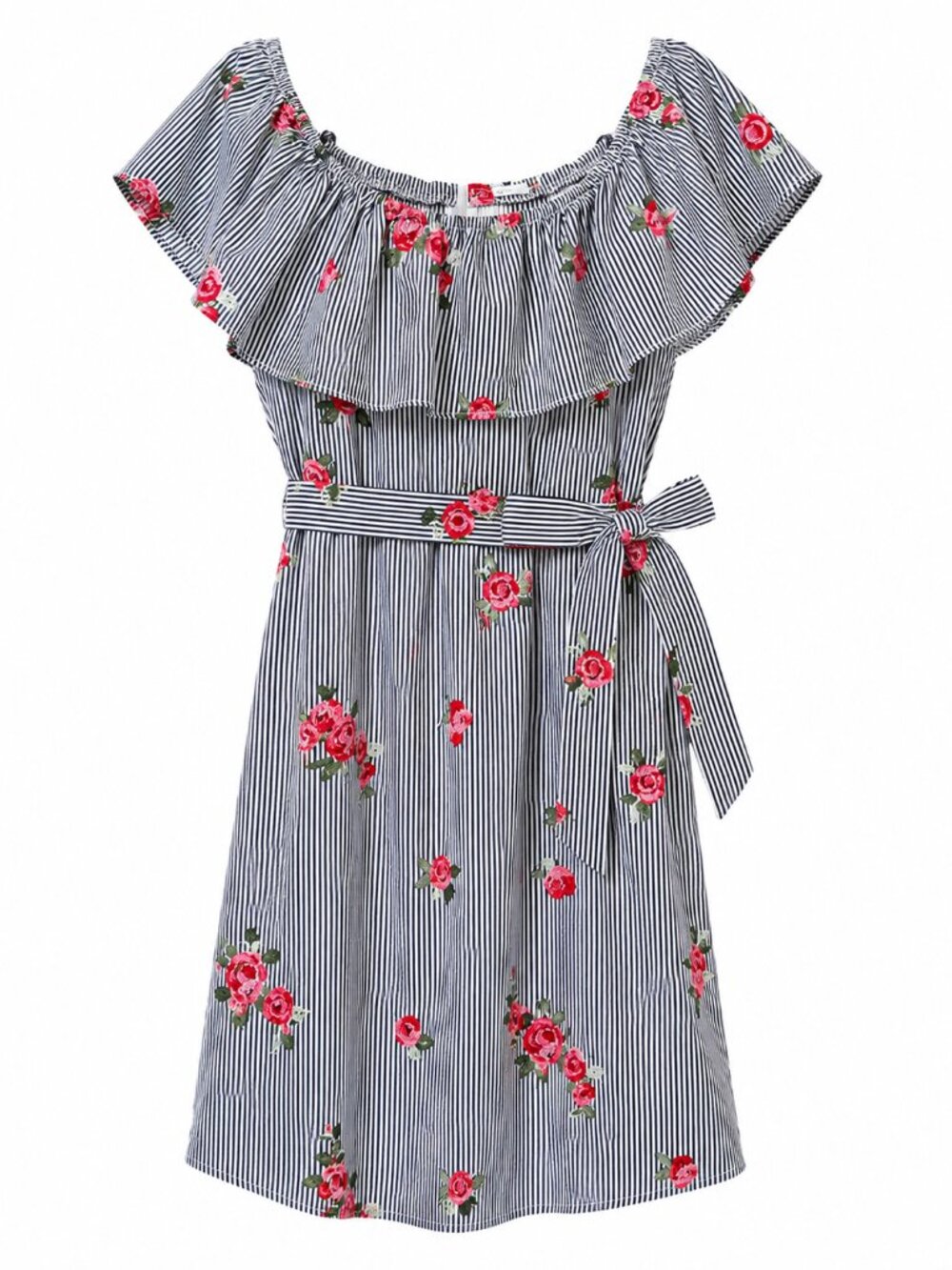 Calvin Klein Off-the-Shoulder Embroidered Floral Striped Midi Dress Belted Sz L